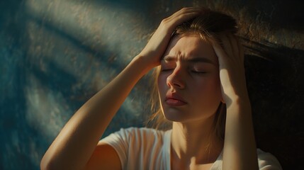 Fototapeta premium Young woman with headache on a dark background. Toned image. Health care concept. Headache concept 