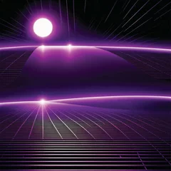 Zelfklevend Fotobehang Retro Futuristic Sci-Fi Background with Purple Grid Landscape and lines in the corners © sindu
