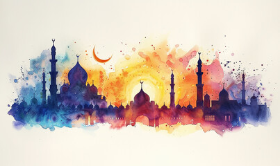Watercolor of Mosque and crescent, ramadan postcard, banner background