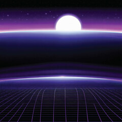 Retro Futuristic Sci-Fi Background with Purple Grid Landscape and lines in the corners
