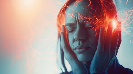 Young woman suffering from headache, migraine or stress. Toned image. Headache concept  - obrazy, fototapety, plakaty