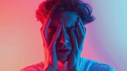 Portrait of young man suffering from headache on gradient background in neon light. Health care concept. Headache concept 