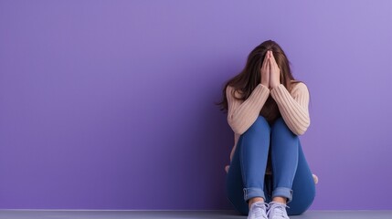 Fototapeta premium Young woman sitting on floor with hands on her face against purple background. Depression concept.