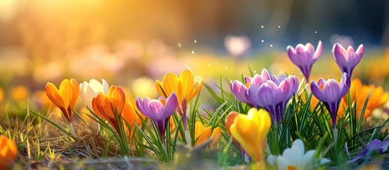 Foto op Plexiglas A bunch of vibrant spring crocus flowers are scattered across the green grass, adding a pop of color to the landscape. The bulbous plants stand out against the lush greenery, creating a beautiful and © TheWaterMeloonProjec