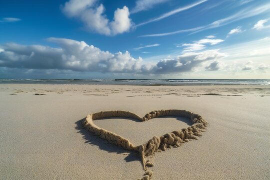 Marry concept, heart shape writing on sand beach in sunrise.