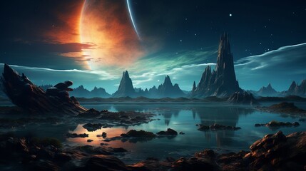 Vibrant Alien Planet Fantasy Landscape with Ample Copy Space, Canon RF 50mm f/1.2L USM Captured 3D Illustration