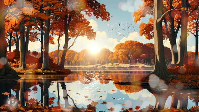 spring mood animation. sunset view in a park with a lake and lots of butterflies. seamless loop 4k resolution footage