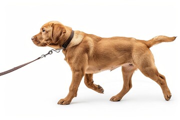 Side profile of dog walking on a leash on white background