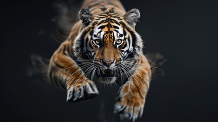 Tiger jump on a black background. Flying animal.