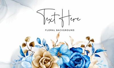 Watercolor Floral Background Template With Blue Brown Flower Leaves