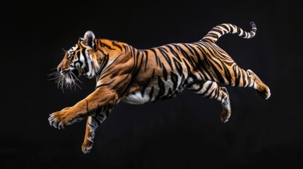 Tiger jump on a black background. Flying animal. - obrazy, fototapety, plakaty