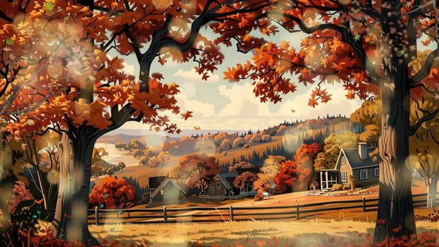 Enchanted Autumn on fairytale village 4k loop animation cartoon background