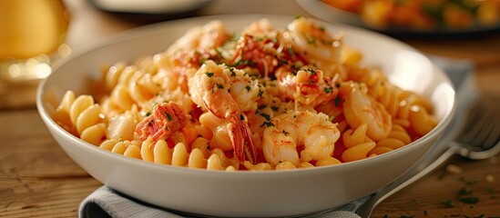 A white bowl is filled with cooked pasta and shrimp, creating a delicious and satisfying meal. The shrimp are cooked to perfection and mixed in with the pasta, making for a flavorful and hearty dish.