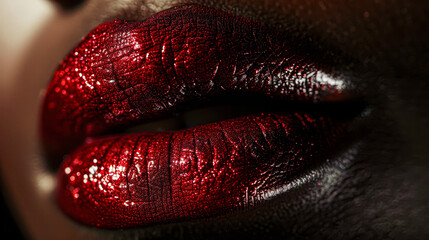 Close-up of full, red lips with detailed texture, highlighting luxurious beauty and makeup artistry.