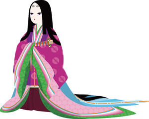 檜扇をもった十二単衣の女性キャラクターのイメージイラスト