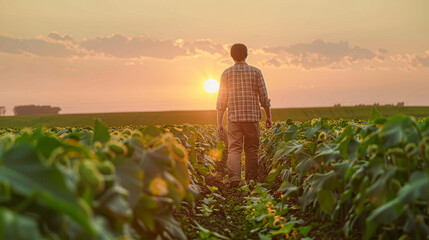 Fototapeta premium A farmer walks through sunlit crop fields at dawn, reflecting on sustainable agriculture and connection to the land.