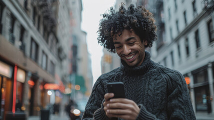 Joyful young man with curly hair using smartphone on bustling city street. - obrazy, fototapety, plakaty