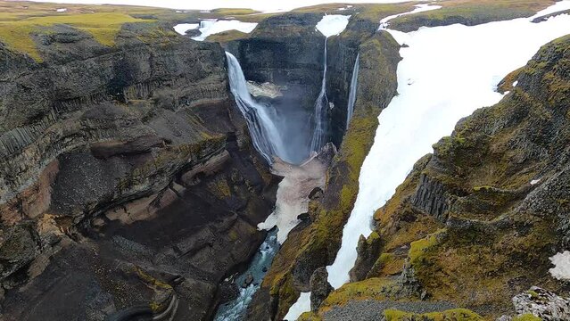 Granni and Haifoss waterfall in Southern Iceland in May, with stones covered with moss and spring wild flowers.