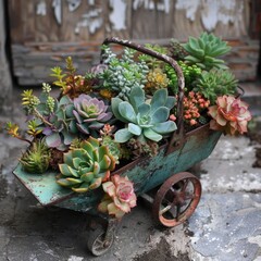 Succulent arrangement in a whimsical wheelbarrow.