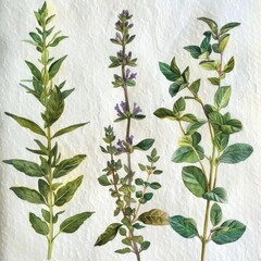 Watercolor basil, mint, rosemary, and thyme,Herbs concept.