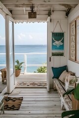 A serene and picturesque view of the ocean from a cozy, wooden porch. Beach view with blend of natural beauty and tranquil living spaces. 