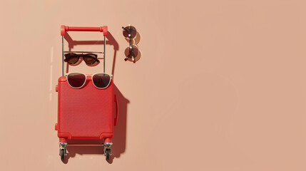 A creative still life image featuring a miniature travel suitcase alongside a supermarket trolley filled with assorted sunglasses. Generative AI