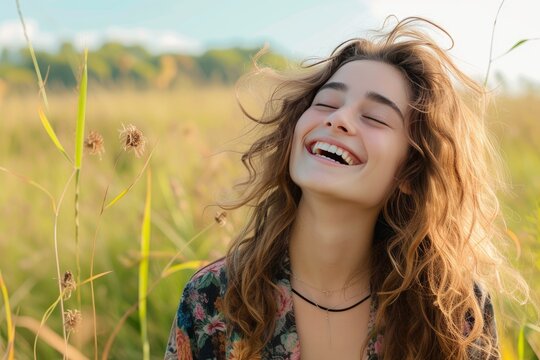 Pretty young woman in a casual outdoor scene, her laughter and spontaneity capturing the essence of a carefree moment. photo on white isolated background