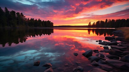 Vibrant Sunset Over Serene Lake: Colorful Reflections, Canon RF 50mm f/1.2L USM Capture