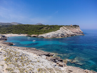 Obraz premium pleasure boats at anchor , protected natural area, capdepera, Mallorca, Balearic Islands, Spain