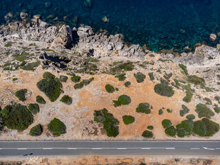 cyclists in bird's eye view, Carretera Militar, Cap Blanc, Llucmajor, Mallorca, Balearic Islands,...
