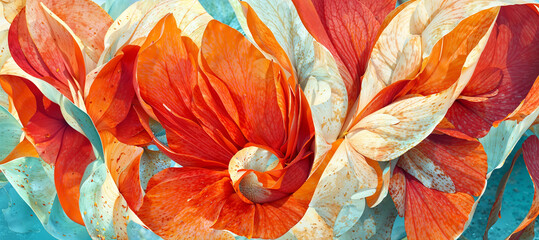 Abstract background wallpaper of vibrant orange and blue spring flower petals. 