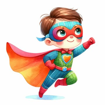 Superhero kid with cape and mass, ready for action.  watercolor illustration, isolated vector clipart on white background, superhero comic books baby girls, childish vector illustration set.