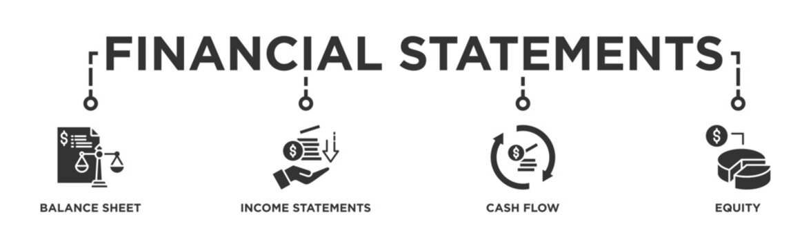 Financial statements banner web icon illustration concept with icon of graph, balance sheet, pie chart, income statements, money, calculator, income, earning, cash flow, equity, and balance