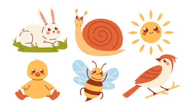 Cute spring characters isolated on a white background. Animals and insects flat