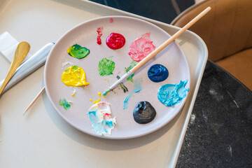 Paint Palette with paints and brushes,child's wood Painting Palette  with multiple colors,Photo of...