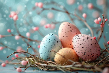 Easter themed card in light colors with colorful colored solid eggs,Easter concept