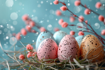 Easter themed card in light colors with colorful colored solid eggs,Easter concept