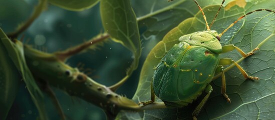 Fototapeta premium A Nezara viridula, a green stink bug from the Pentatomidae family, sitting on top of a green leaf in a natural setting.