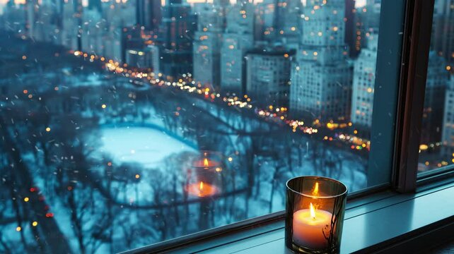 Candle in the penthouse window with views of the central park and ice skate