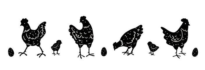 Hens and chicks with eggs. Hand drawn illustration of chicken. Farm animals silhouettes isolated on white background. Poultry vector graphic elements. Concept for design and print.  - obrazy, fototapety, plakaty