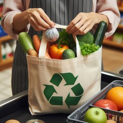 Closeup of a grocery store cashier packing food into a reusable bag. Concept of eco-friendly shopping, promoting sustainability. Generative ai