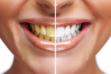 Fototapeta premium dental whitening, Before and after dental whitening close up radiant smile evolution transformation, close up of a person with a smile, white smile