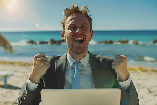 businessman with laptop, Portrait of a young businessman in a suit and tie with a laptop, rejoicing that he has finished work or win on stock market or crypto