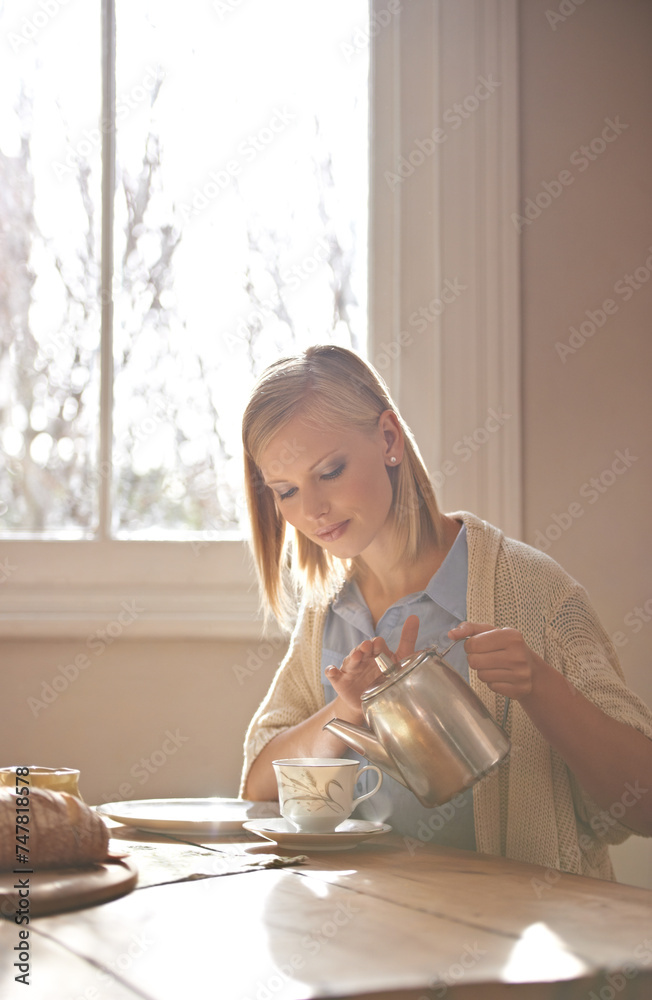 Poster Woman, pouring and tea in home for morning, calm routine and drink on table. Girl, relax and coffee break with food, snacks or teapot in hands for breakfast preparation on holiday or vacation