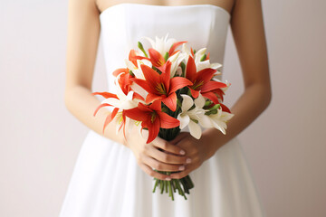 woman with flowers, bride holding bouquet of flowers, bouquet of flowers, wedding bouquet in the foreground, the bride is holding the bouquet in the background