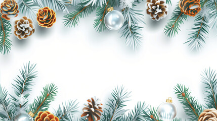 Vector border with white fir branches and with festive decoration elements on transparent background. Christmas tree garland with fir branches, pine cones, and glass