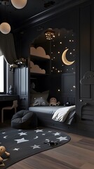 Cozy modern kids bedroom decorated with space concept. 