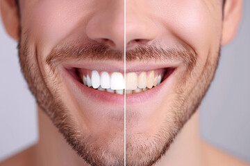 Obraz premium dental whitening, Before and after dental whitening close up radiant smile evolution transformation, close up of a person with a smile, white smile