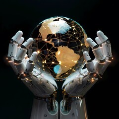 Robotic hands with intricate design tenderly hold a glowing globe representing Earth. The scene symbolizes a technologically advanced future where artificial intelligence interacts closely with global