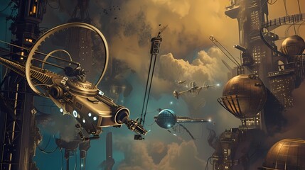 An elaborate steampunk cityscape unfolds under a dramatic sky, with airships and fantastical structures suspended amidst clouds. The image conjures a sense of adventure and technological wonder in an - obrazy, fototapety, plakaty